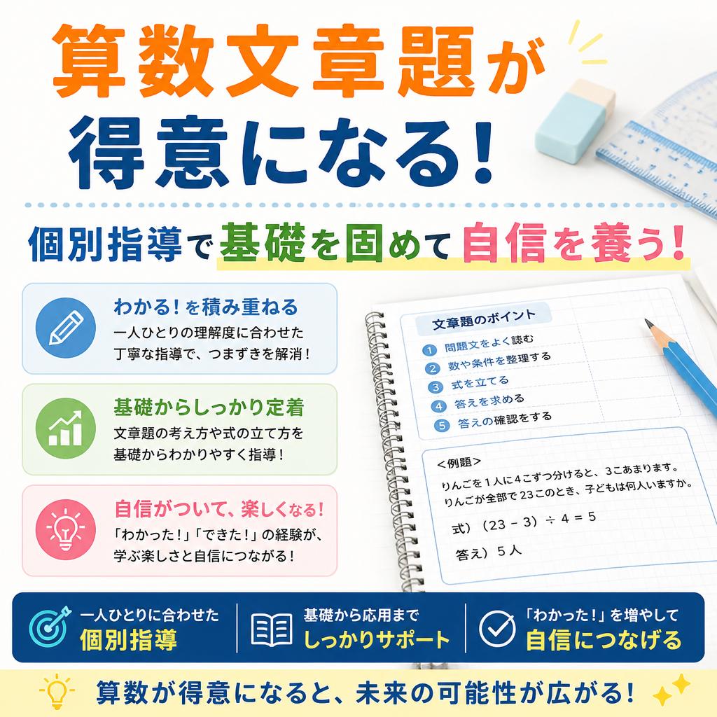 算数文章題が得意になる！基礎を固めて自信を養う！